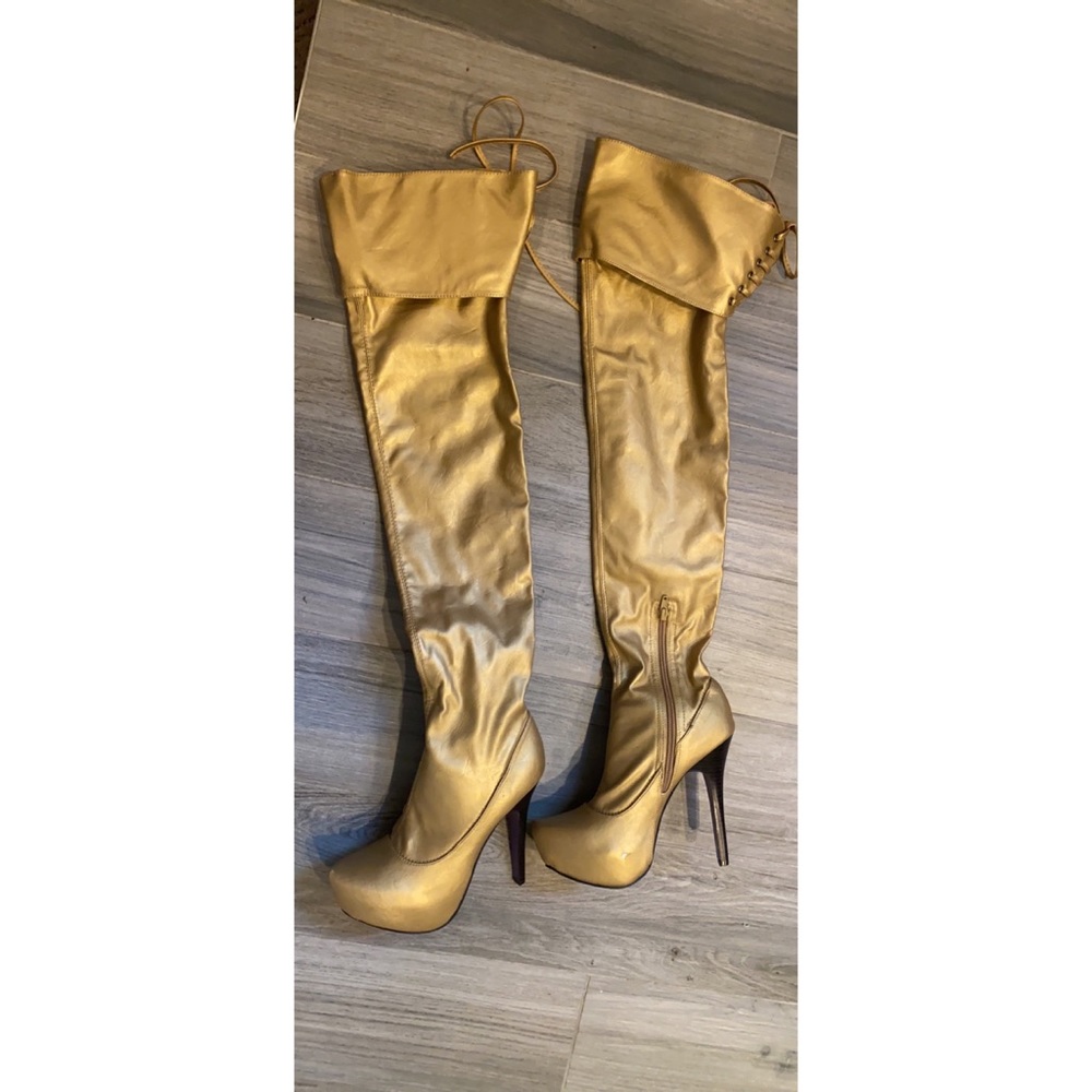 Gold over the knee high heel boots